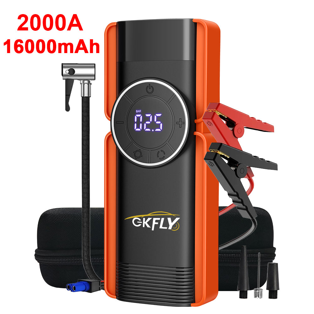GKFLY TURBO Jump Starter 4 in 1 Pump Air Compressor 2000A Power Bank 12V Digital Tire Inflator 150PSI Emergency Battery Booster