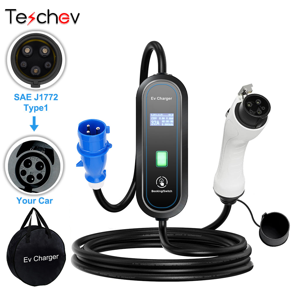 Teschev 32A 7KW Type2 EV Charger Portable GB/T Electric Vehicle Charger Type1 Wallbox CEE Plug EVSE Charging Cable 5M
