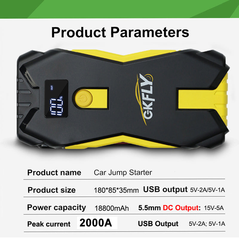 GKFLY RATEL Car Jump Starter Portable 12V Petrol Diesel Starting Device Cables Portable Power Bank 2000A Car Battery Charger Buster