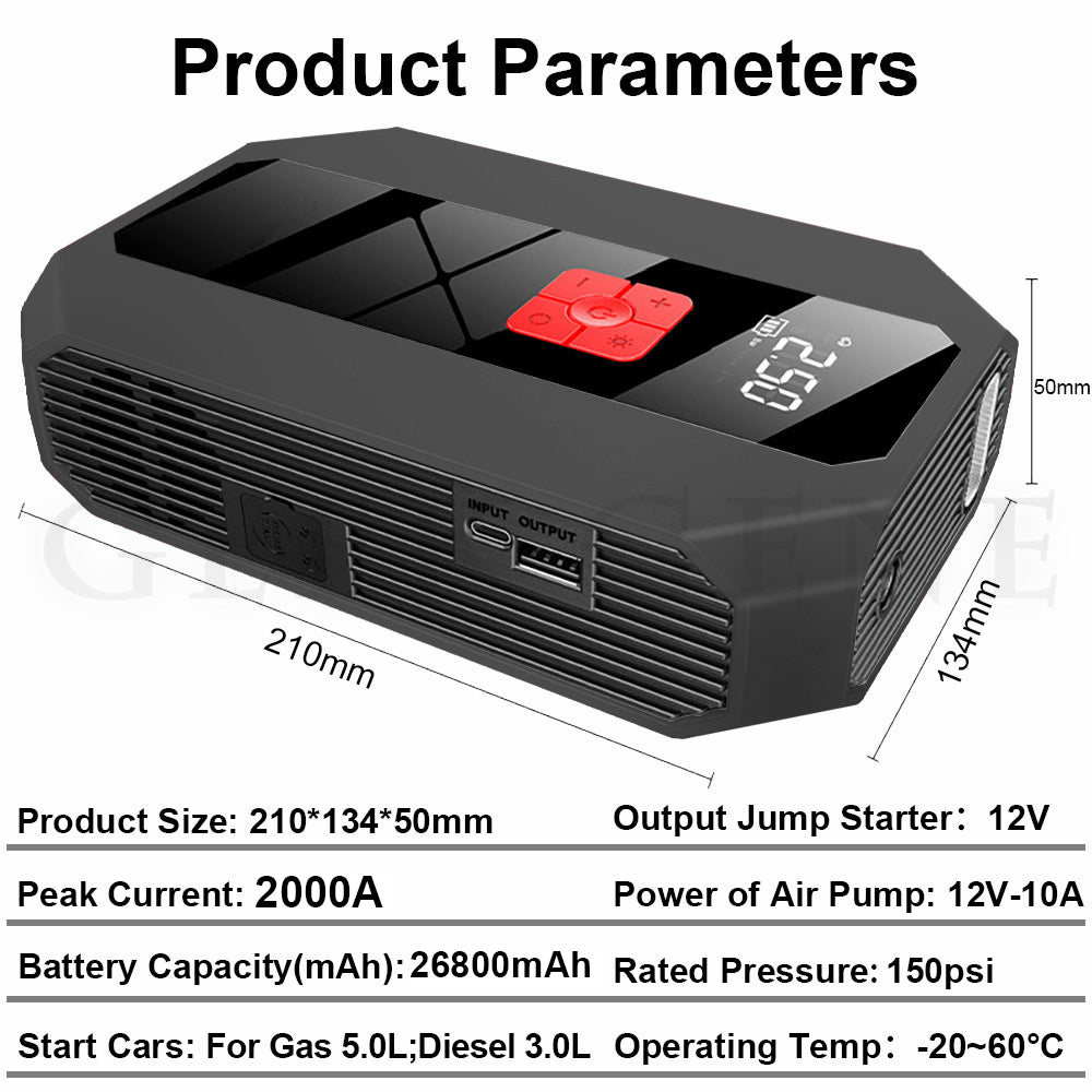 2000A Car Jump Starter Portable 26800mAh Power Bank 150 PSi Air Compressor