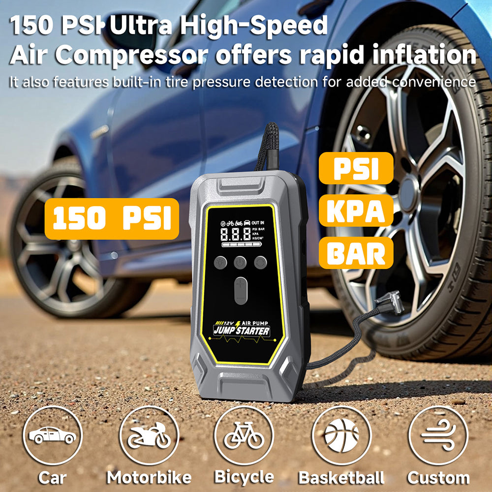 GKFLY Car Jump Starter Air Pump 150PSI Tyre Compressor 3000A Starter Device 16000mAh Power bank Cars Battery Starters Starting