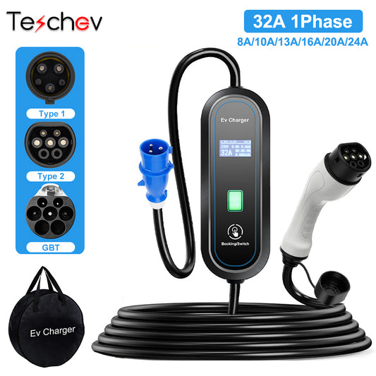 Teschev 32A 7KW Type2 EV Charger Portable GB/T Electric Vehicle Charger Type1 Wallbox CEE Plug EVSE Charging Cable 5M