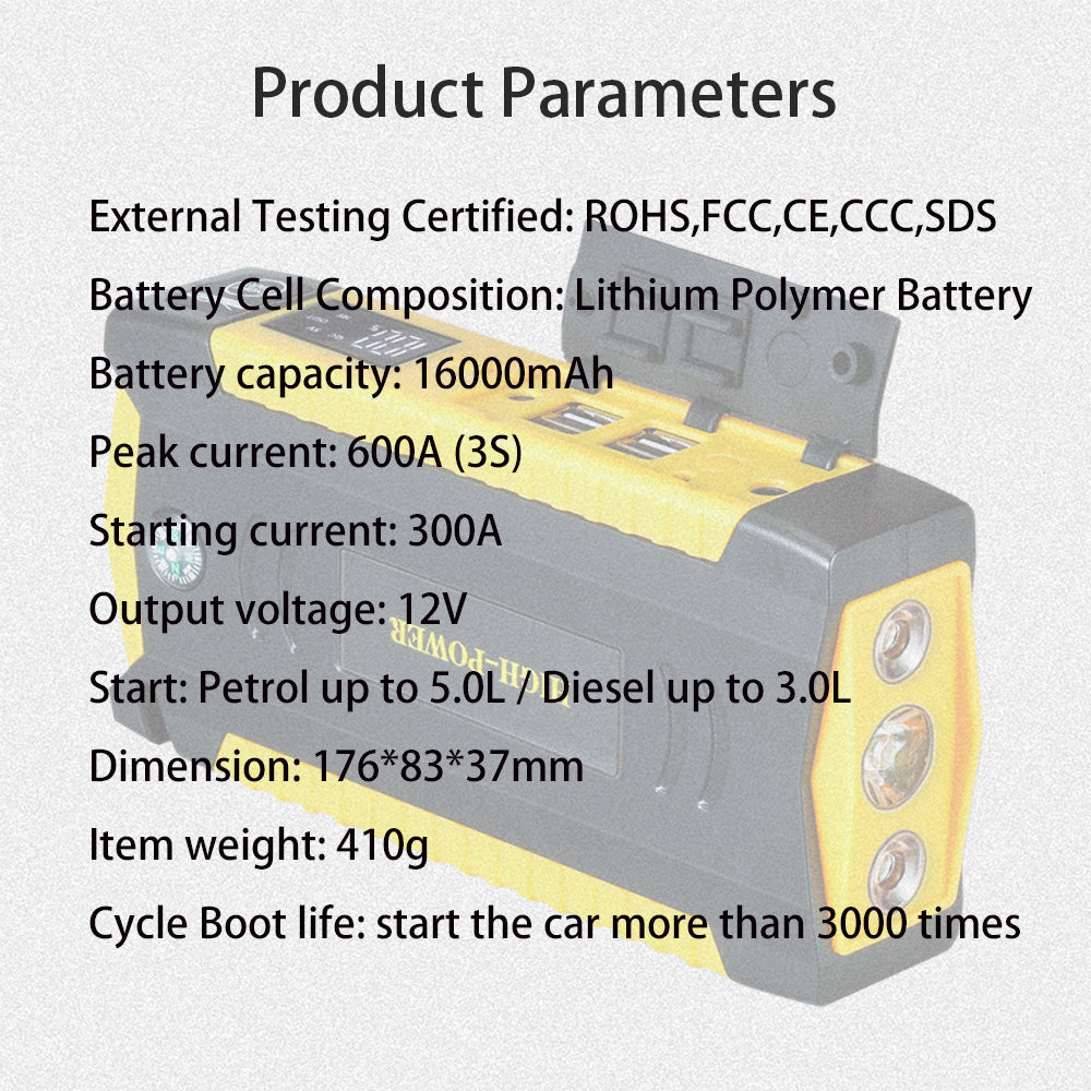GKFLYJS-19 16000mAh Car Jump Starter Power Bank Car Battery Booster Charger 12V Starting Device Petrol Diesel Car Starter Buster