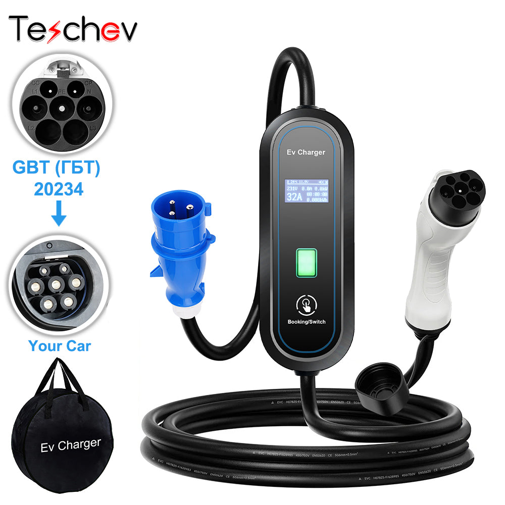Teschev 32A 7KW Type2 EV Charger Portable GB/T Electric Vehicle Charger Type1 Wallbox CEE Plug EVSE Charging Cable 5M