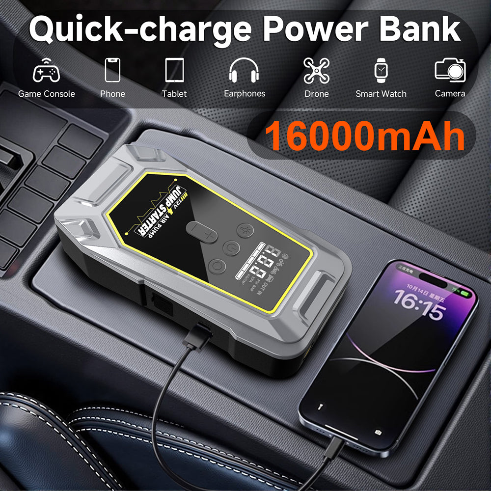 GKFLY Car Jump Starter Air Pump 150PSI Tyre Compressor 3000A Starter Device 16000mAh Power bank Cars Battery Starters Starting