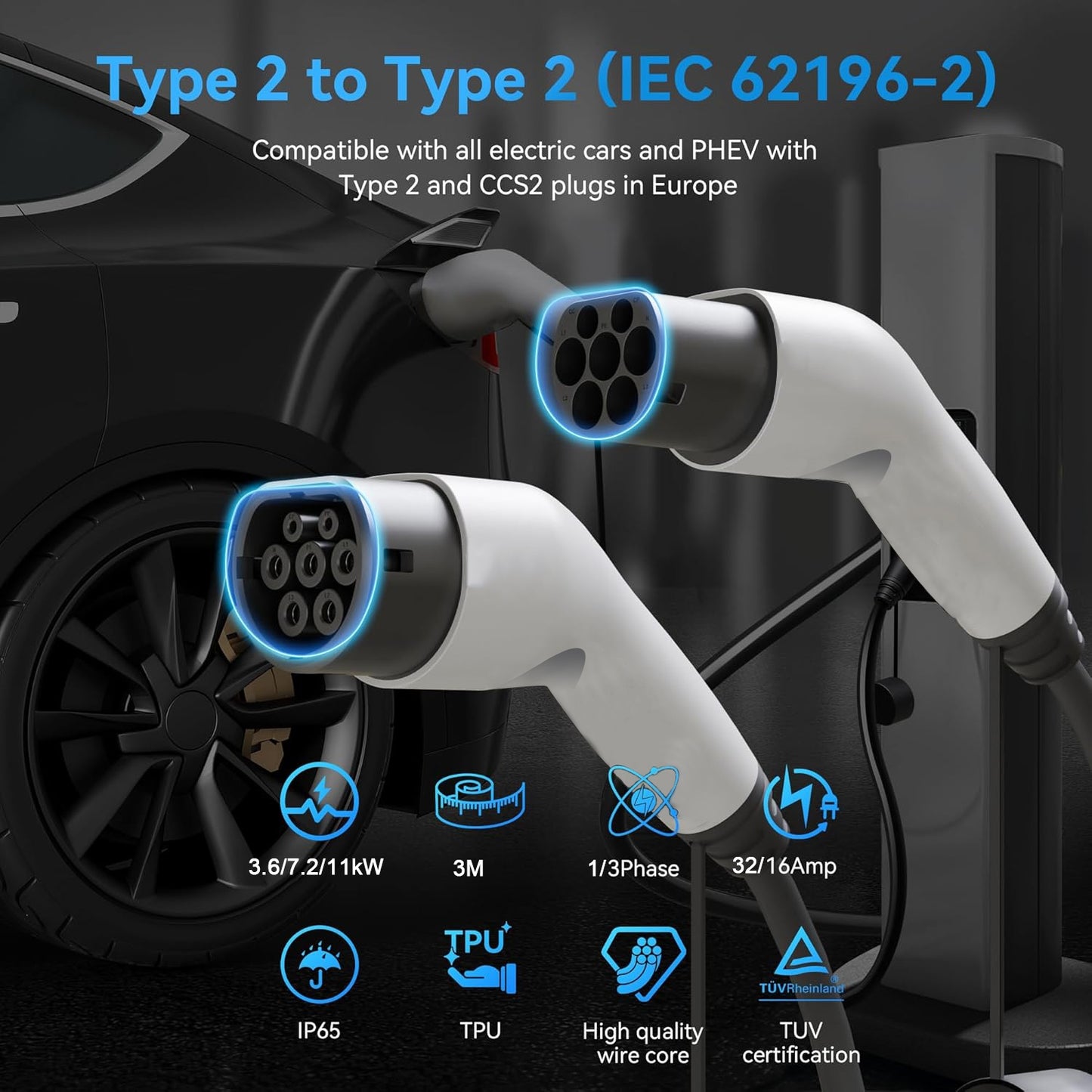 Teschev 16A/32A 11kW Type2 to Type2 EV Charging Charging Cable IEC 62196-2 Charger For Electric Vehicles PHEV Car In Public Station