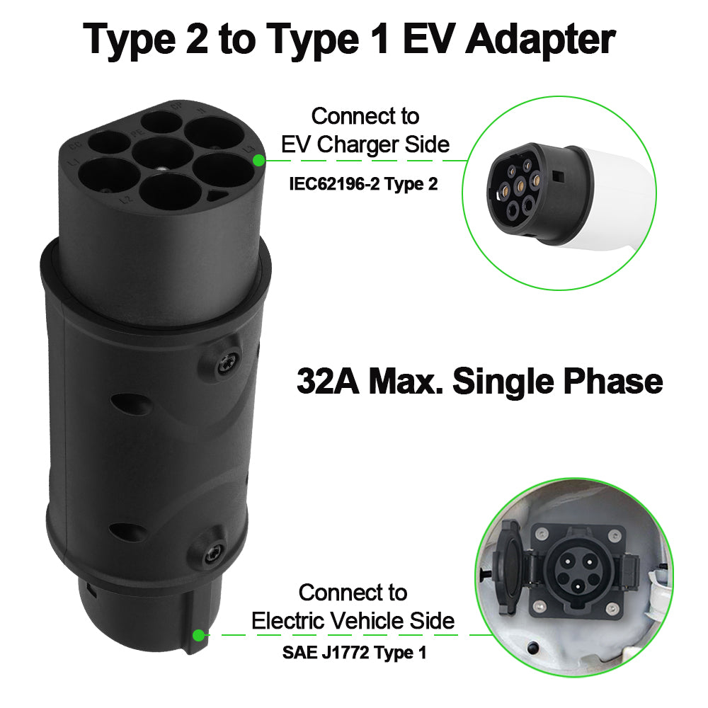 EV Adapter IEC 62196 Type 2 to Type 1 J1772 32A EVSE Charger Connector Electric Vehicle Cars Charging Converters
