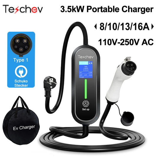 Teschev EV Portable Charger 3.5KW SAE J1772 Type 1 Charger Cable 8A 10A 13A 16A Adjustable WallBox 3.5M Car Fast Charger