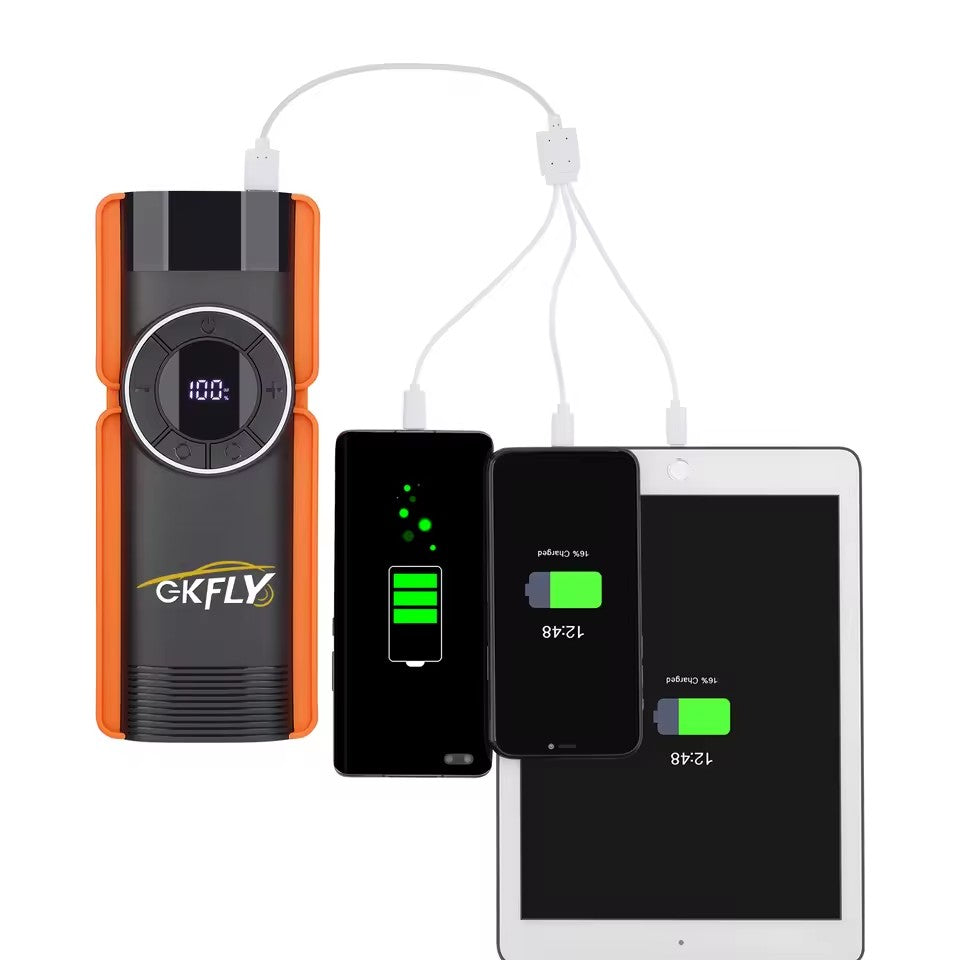 GKFLY TURBO Jump Starter 4 in 1 Pump Air Compressor 2000A Power Bank 12V Digital Tire Inflator 150PSI Emergency Battery Booster
