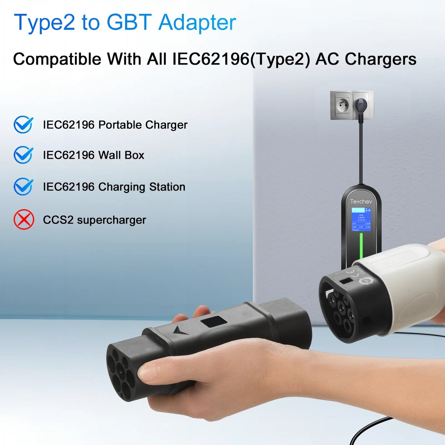 Teschev GBT to Type 2 EV Charger Adaptor IEC 62196 To GB China Standard EV Charger Converter Adapter 16A 32A for EVSE Charging