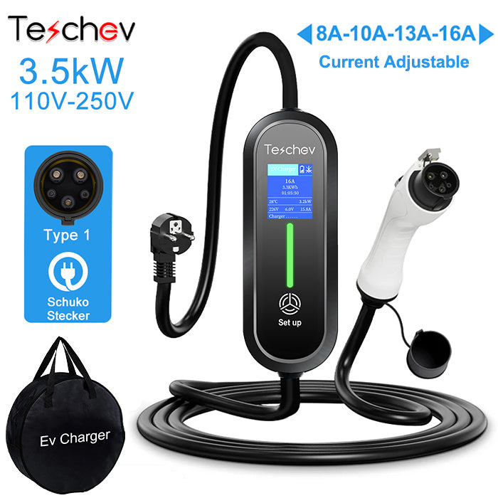Teschev EV Portable Charger 3.5KW SAE J1772 Type 1 Charger Cable 8A 10A 13A 16A Adjustable WallBox 3.5M Car Fast Charger