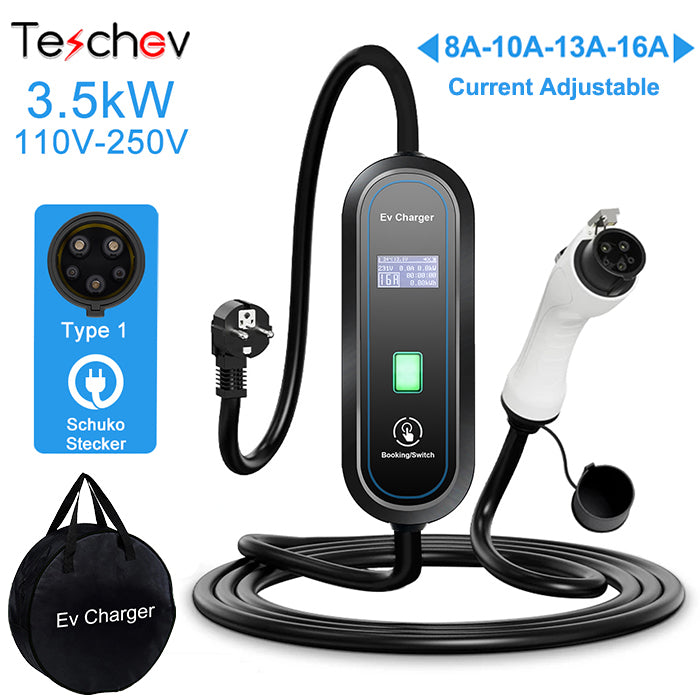 Teschev EV Portable Charger 3.5KW SAE J1772 Type 1 Charger Cable 8A 10A 13A 16A Adjustable WallBox 3.5M Car Fast Charger
