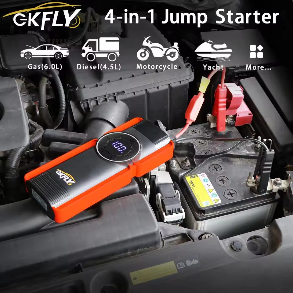 GKFLY TURBO Jump Starter 4 in 1 Pump Air Compressor 2000A Power Bank 12V Digital Tire Inflator 150PSI Emergency Battery Booster